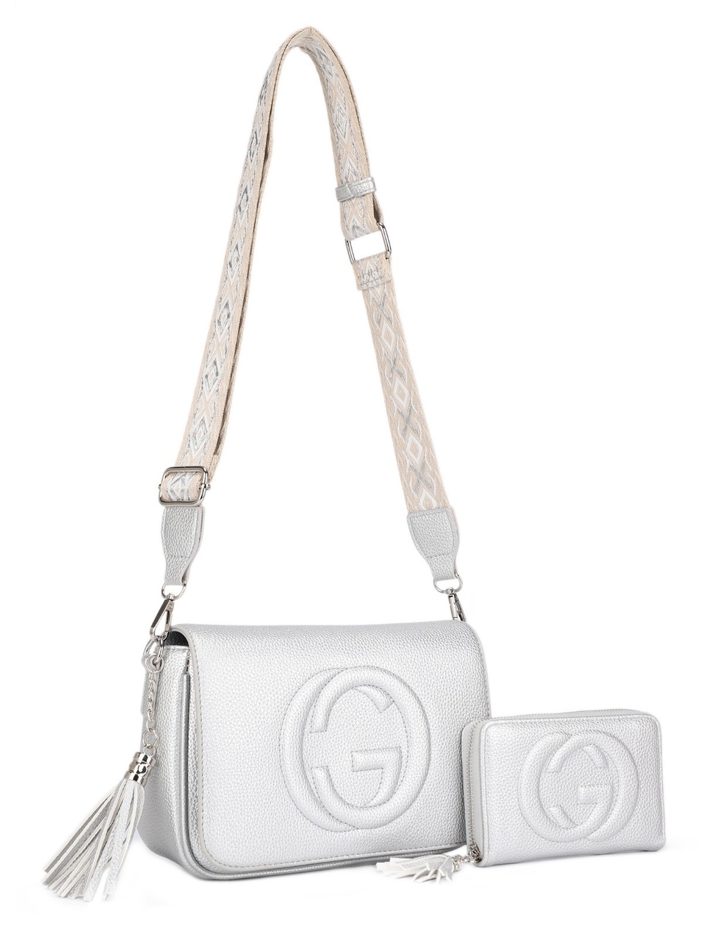 Alyssa Silver Vegan Leather Crossbody Bag with Matching Wallet